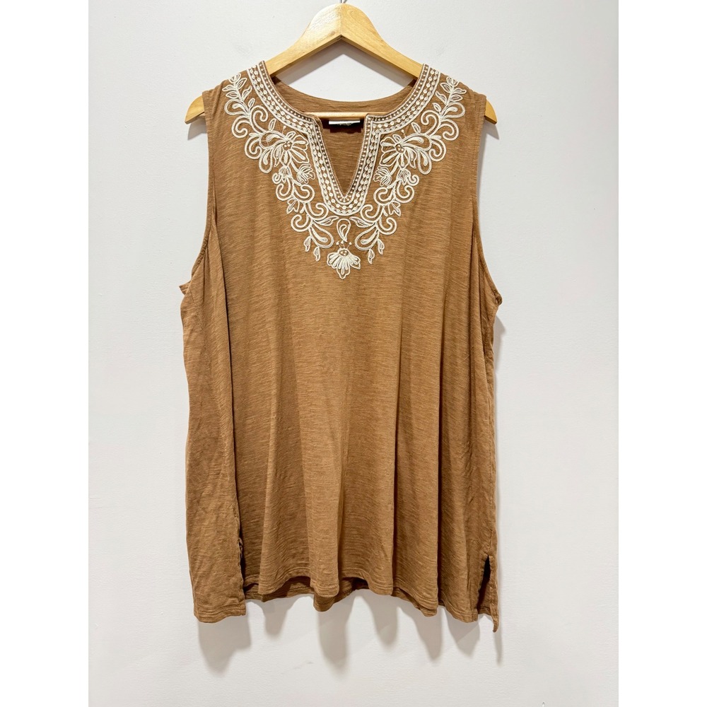 J. Jill Brown Embroidered V-Neck Sleeveless Tunic Tank Top Cotton Modal 1X
